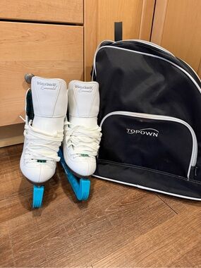 Riedell Emerald White Figure Skates with Blue Blade Guards- see size chart